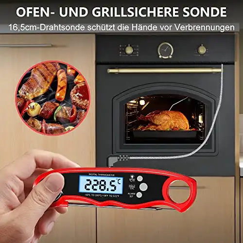 CIRYCASE Fleischthermometer Digital, Sofort Lesen Bratenthermometer Grillthermometer, Externe Lange Sonde mit 102cm-Edelstahlkabel, Alarmeinstellung, Backofenthermometer für Küche, BBQ, Ofen, Backen - 0