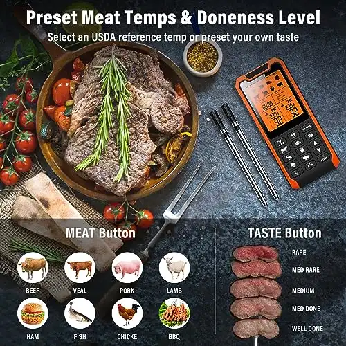 Fleischthermometer Kabellos mit Timer und Alarmfunktion, 210m Bluetooth Signalentfernung 2 Stück Grillthermometer Meat Thermometer IP67 Wasserdicht Bratenthermometer, Digital - 3