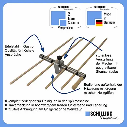 SCHILLING Fischgrilltechnik/Steckerlfisch Halter/Grillrost/Holzspieße / 4 Fische - 3