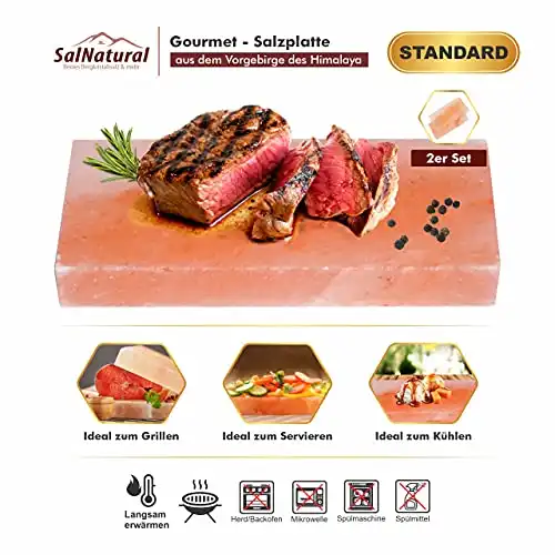 SalNatural Gourmet Salz Grillsteine 20x10x2,5cm (2er Pack) Original Kristallsalz aus dem Vorgebirge des Himalaya* Salzstein zum grillen. BBQ Grillplatte | Premium Geschenkbox - 1