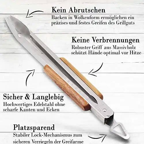 Grillfaktur® Lange Edelstahl Grillzange (45 cm) mit Griff aus hochwertigem Echtholz - 0