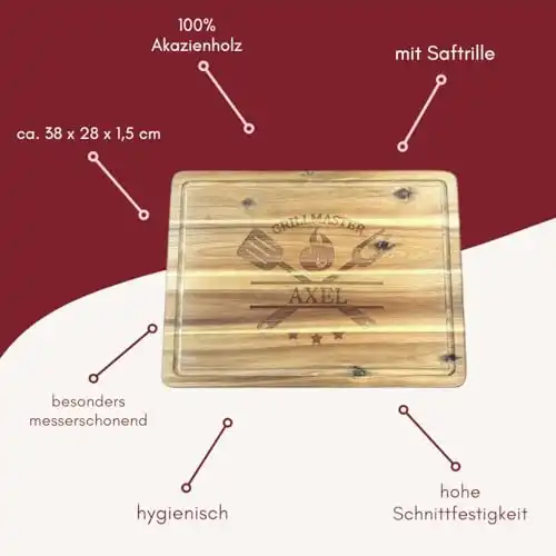 Personalisiertes Schneidebrett mit Saftrille aus Akazienholz mit Gravur Grillmaster und Name, Akazienholzbrett als Geschenk für Männer, den Grillprofi, Hobbygriller, Chef am Grill, ca. 40 cm x 26 cm - 1