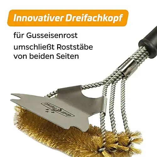 Grillfürst 2X Premium Grillbürste mit Messing Borsten, 45 cm - Grill Reinigungsbürste für Grillrost, Grillrost Bürste mit breitem 3-Fach Bürstenkopf und Schaber - 2