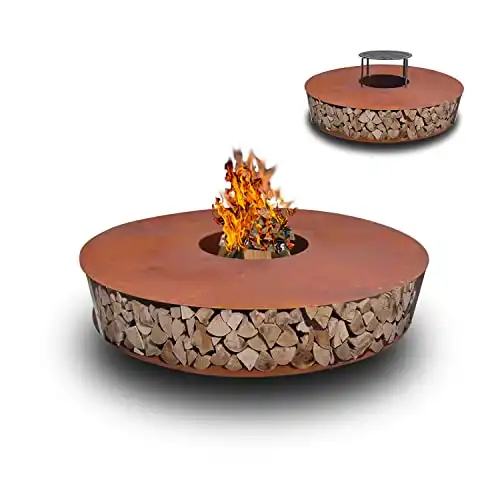 Oleio Design Outdoor Feuerstelle und Grill Durchmesser 90 cm aus robustem Cortenstahl mit Holzlager I Feuerschale und BBQ mit Holzablage in Rostoptik mit rostroter Patina - 5