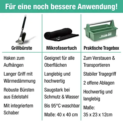 bio-chem Grill Reinigungsset und Pflege professionell Box 7-teilig: 1x Rauchharzentferner 1L (inkl. Sprühflasche) + 1x BBQ-Cleaner 750ml + 1x Edelstahlpflege 750 ml + Grillbürste & Zubehör - 2