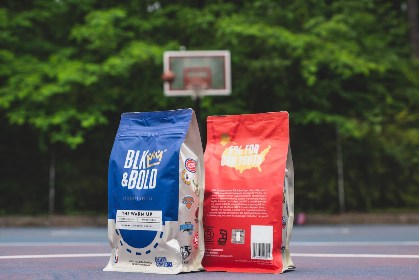 BLK & Bold The Warm Up coffees, branded in NBA Eastern and Western Conference bags. Press photo.