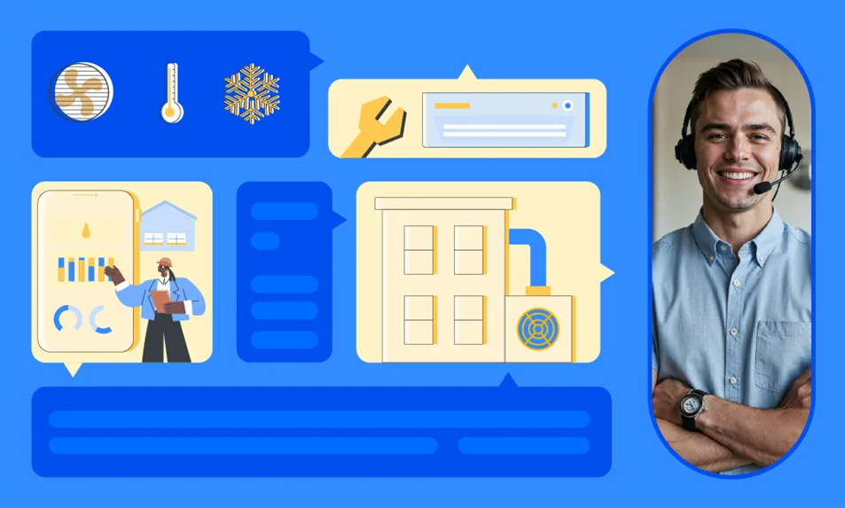 A graphic illustrating a unified communication system for an HVACR distribution team, with phone, text, and email channels connecting to a central dashboard.