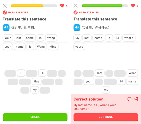 Duolingo Chinese sentence translation example