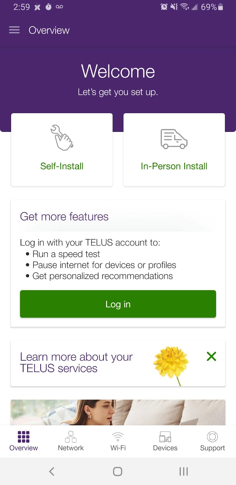 An image of the TELUS Connect app's Welcome screen is shown