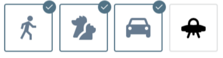 An illustration of icons for person, animal, vehicle and other in a row.