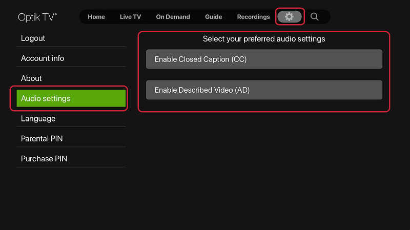 Optik TV audio settings