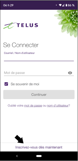 Screenshot from My TELUS App with arrow pointing to the "Join My TELUS" link to register for an account,