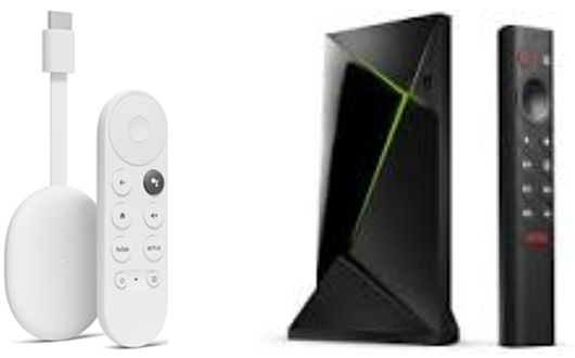 The front of the Chromecast with Google TV and Nvidia Shield with their remote controls.