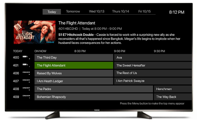 The front of TV screen displaying TELUS TV+ channels