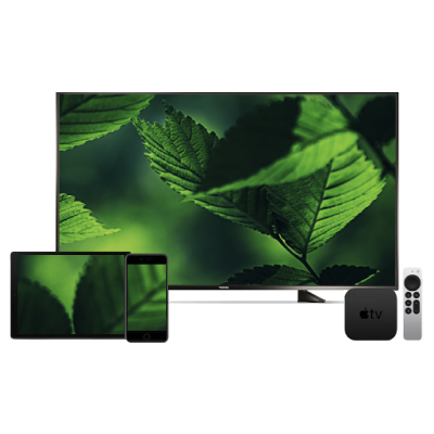 This image of a TV, Apple TV, remote control, tablet and smartphone appears on the product page for Pik TV