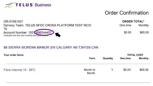 How to find your TELUS Business account number / Business Wireline and other services / Order confirmation
