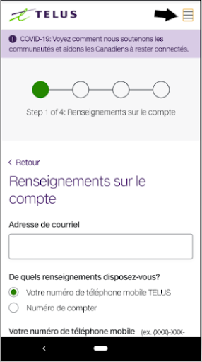 Screenshot from the My TELUS app highlighting the three-line menu icon.