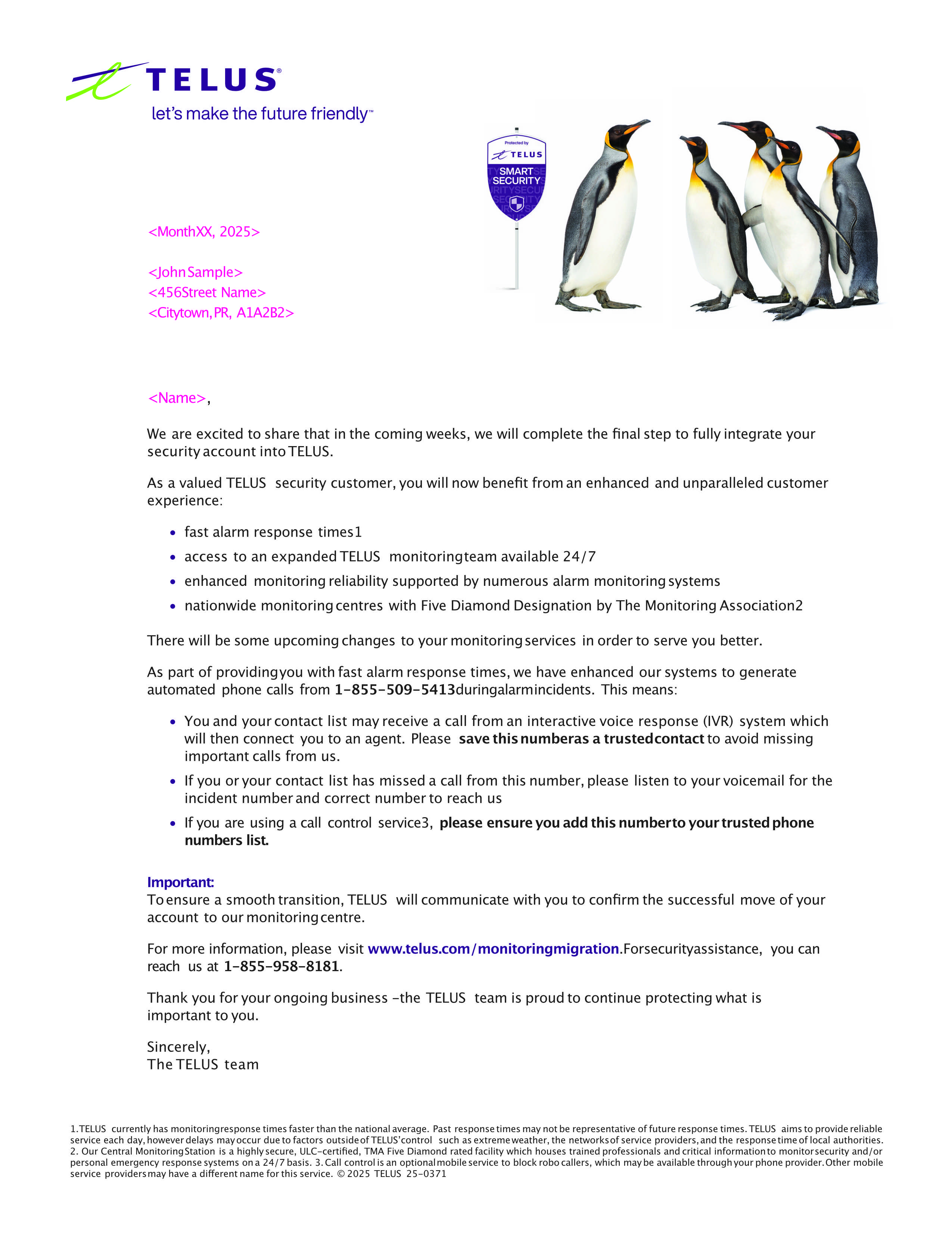 A sample of the Brinks Monitoring migration letter.