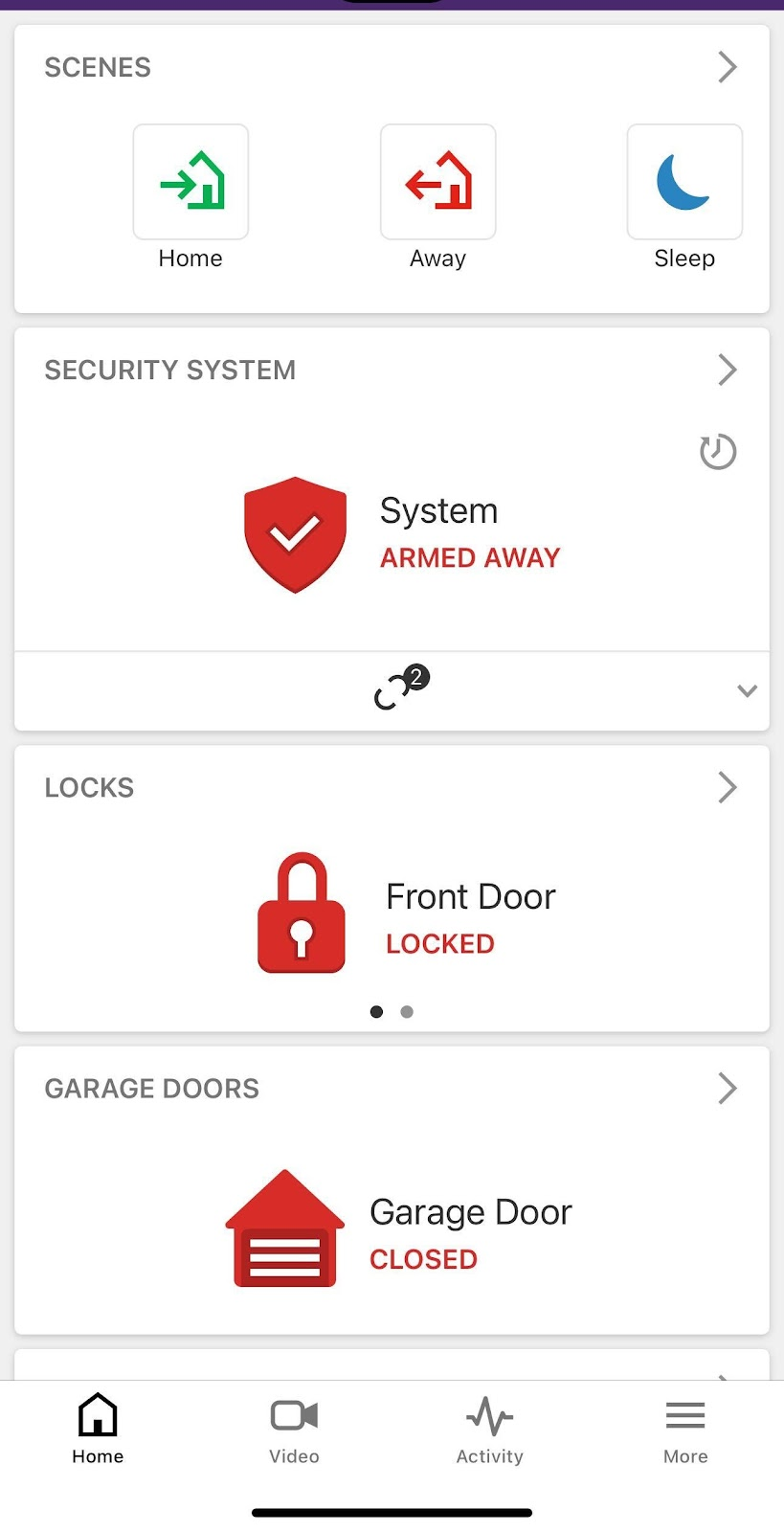 The Scenes panel of the SmartHome app is shown, displaying the status of various secured areas