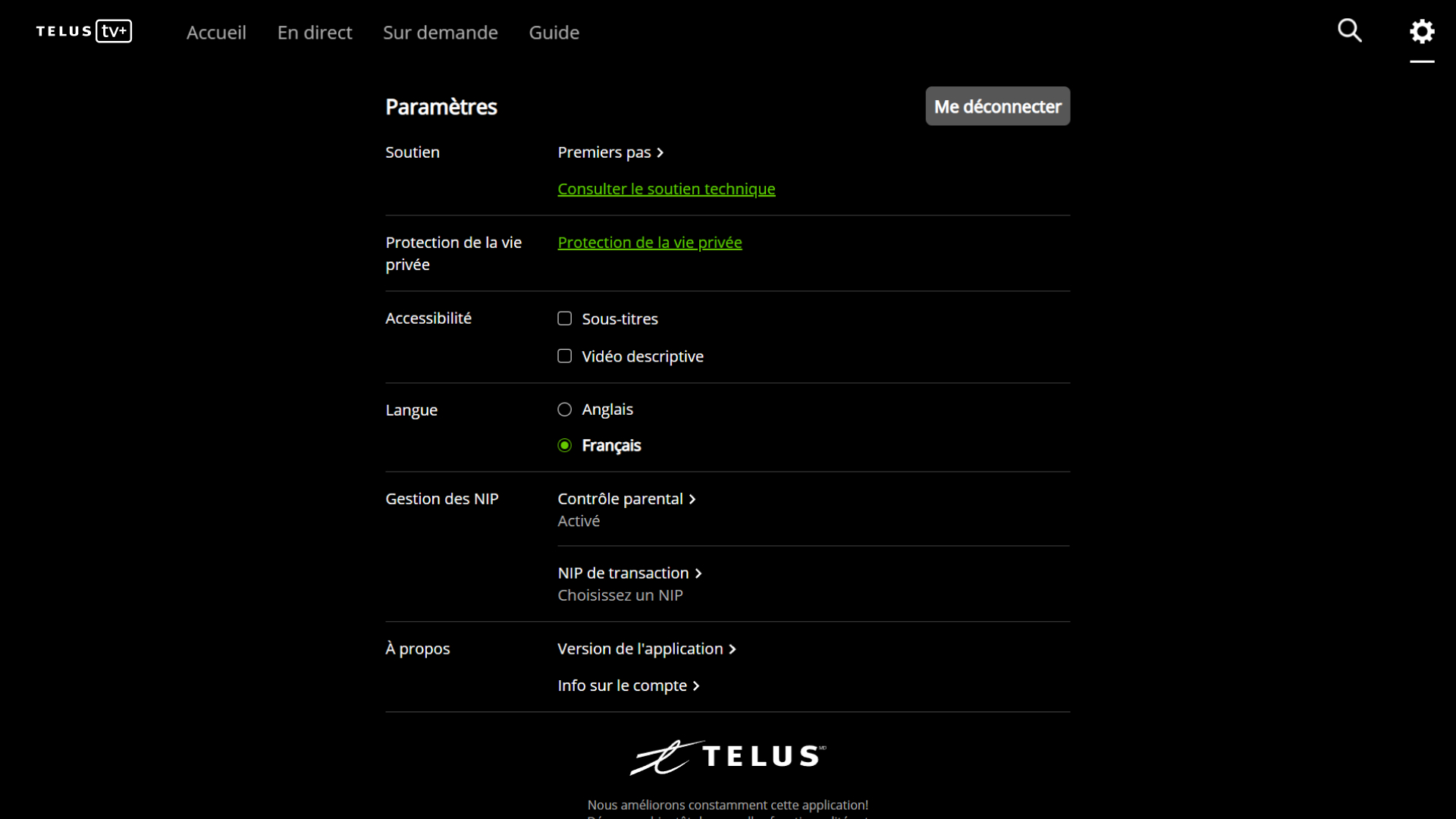 TELUS TVplus settings screen-FR