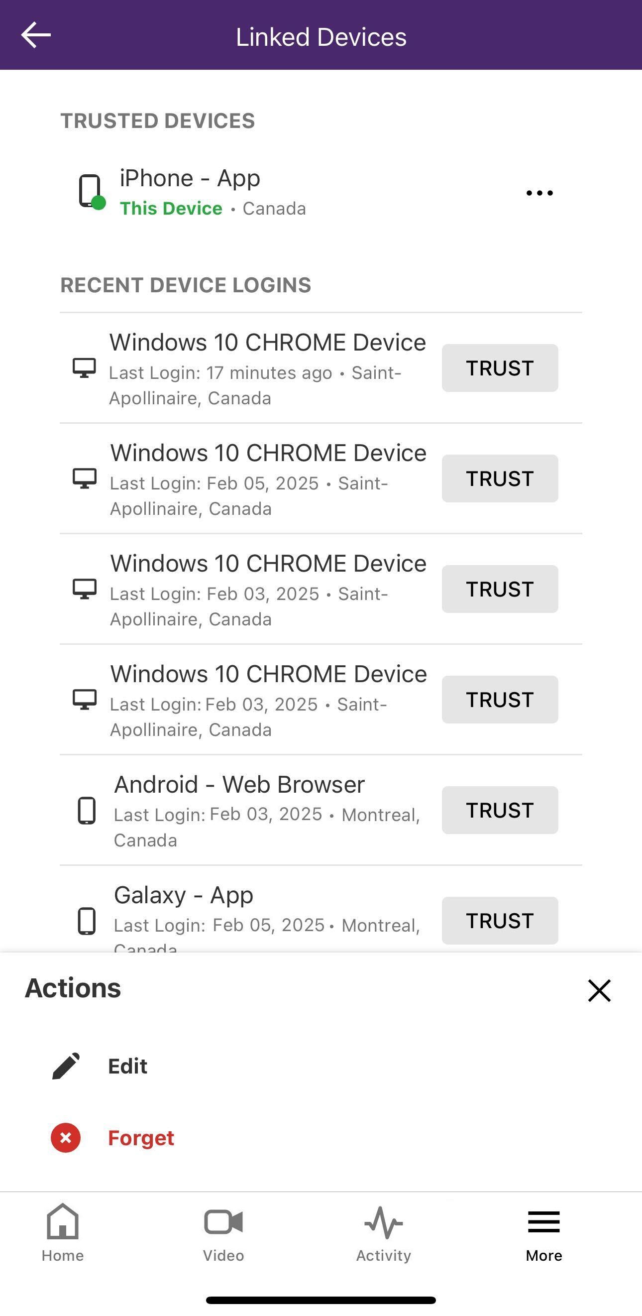Linked devices screen for managing devices for two-factor authentication.