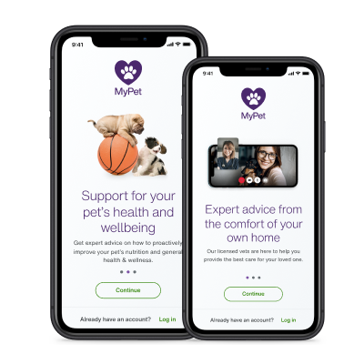 Two mobile devices showing the TELUS Health MyPet app screen with the option to log in