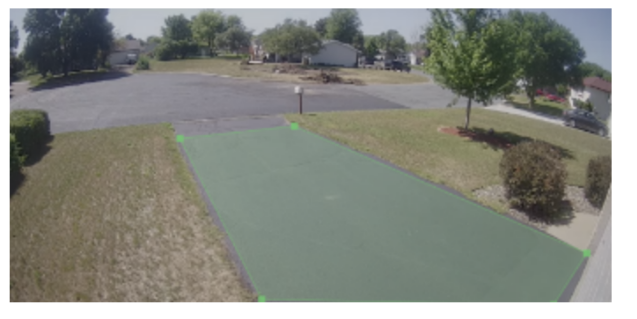 An outdoor camera's view of the driveway, and a green zone covering the entire driveway.