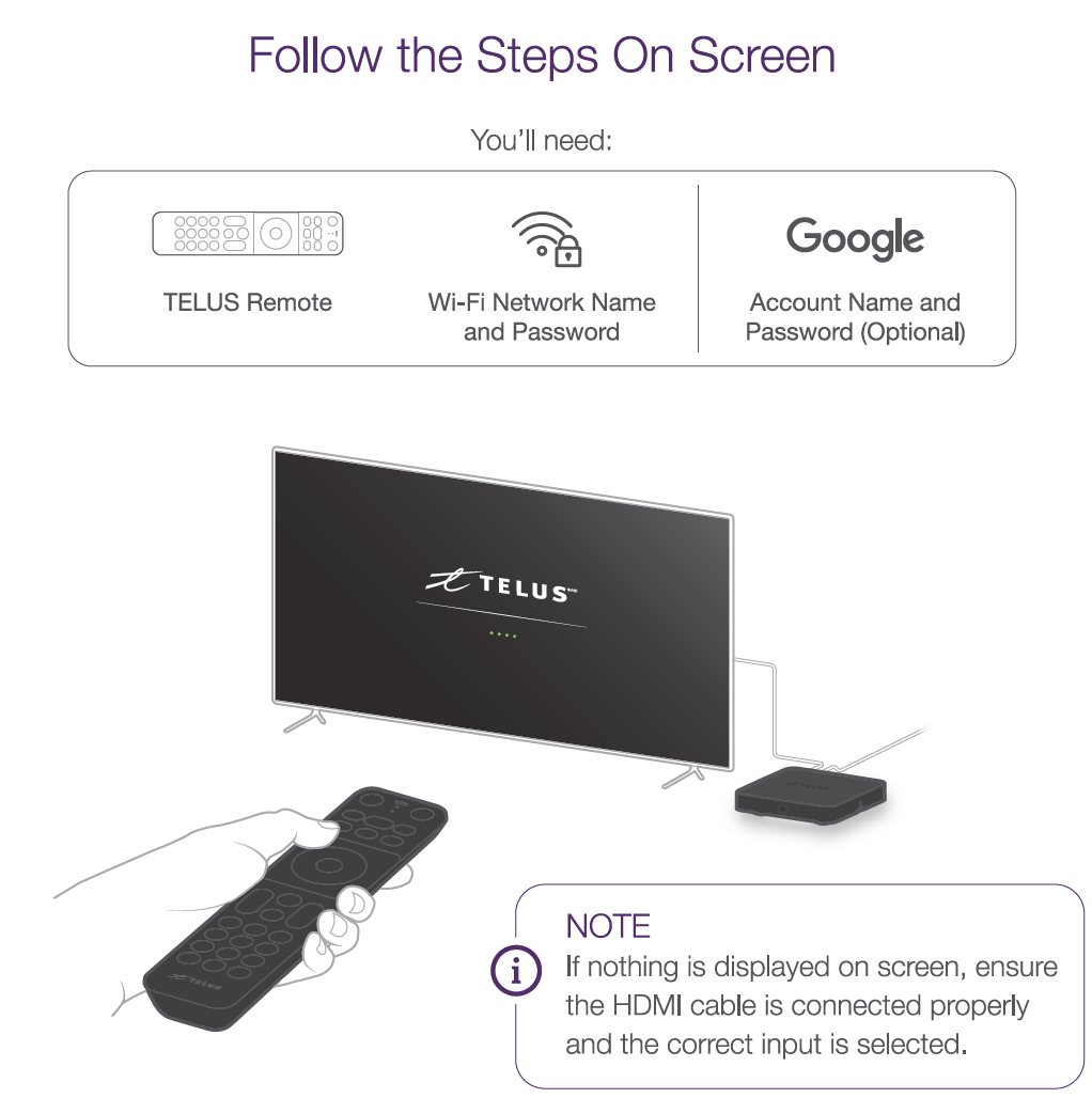 Follow the onscreen steps to select your language, pair your remote, and connect to your Wi-Fi network.