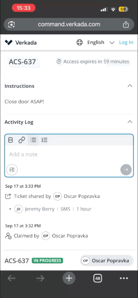 Activity logs allow for comment and image uploads, ensuring all pertinent information is tracked from alert to resolution. 