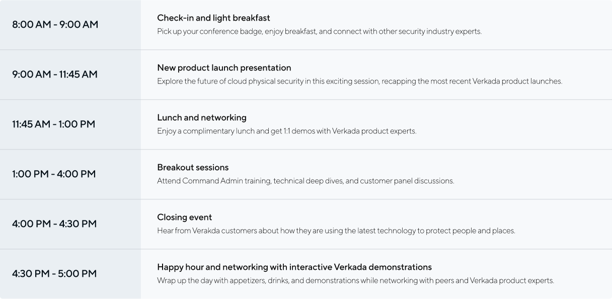 A graphic to showcase the agenda for VerkadaOne World Tour events. 