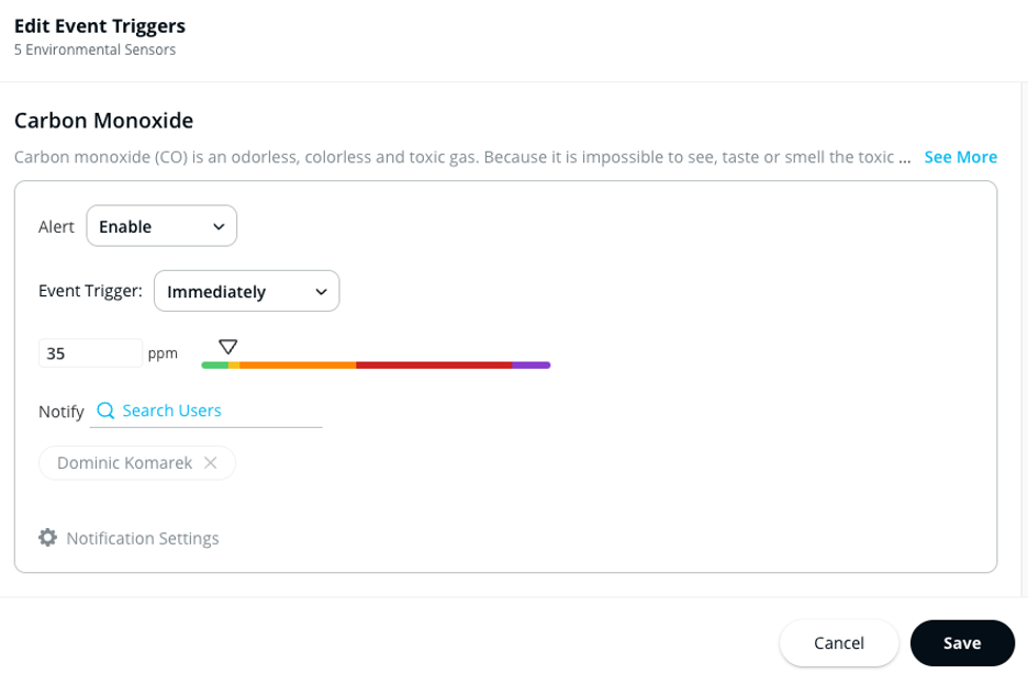 Sensor alert thresholds screenshot. 