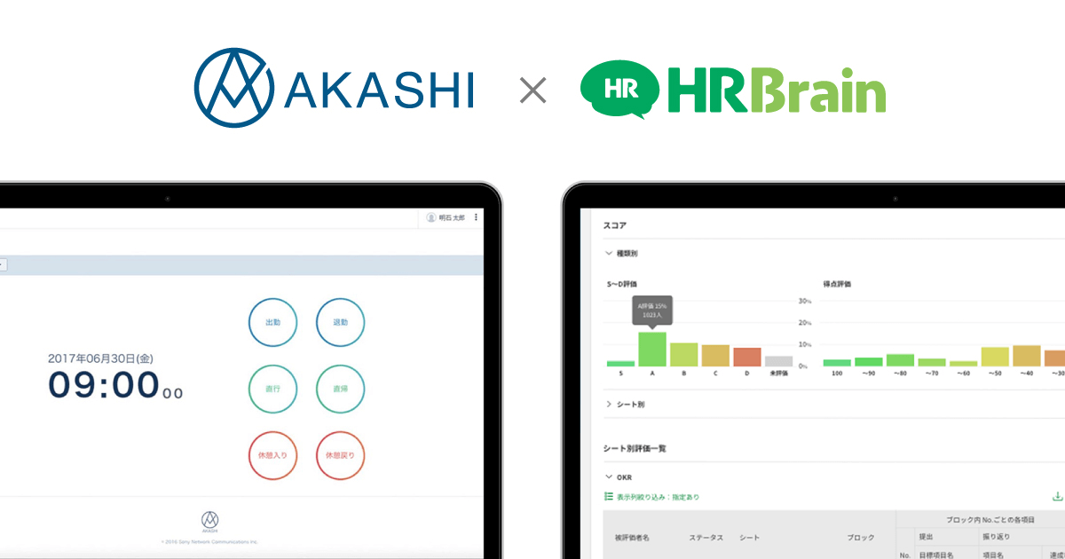 Hrbrain とクラウド型勤怠管理システムの Akashi がapi連携 従業員情報の連携によって 人事評価業務をさらに効率化 Hrbrain