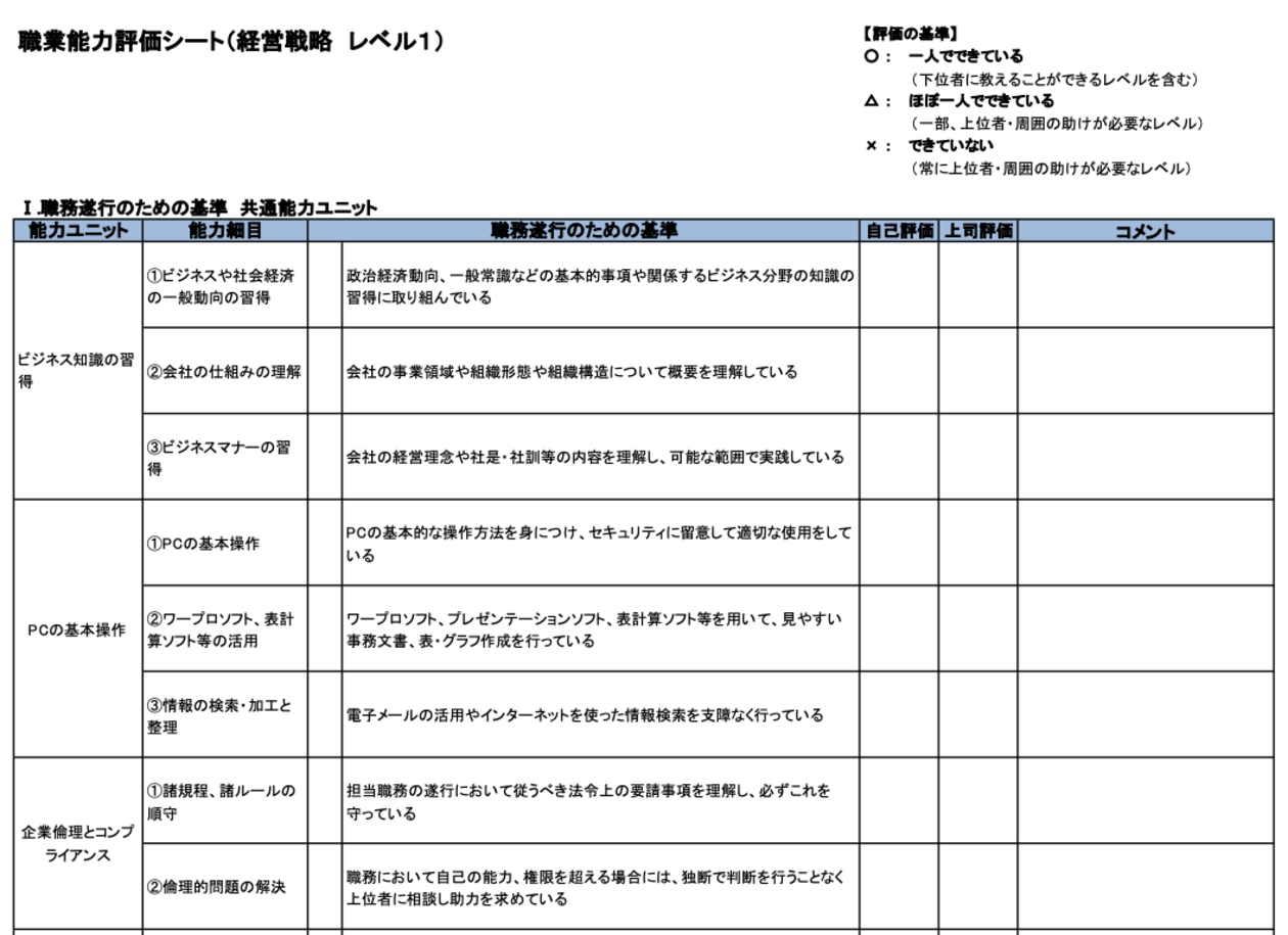職業能力評価シート(経営戦略 レベル1)