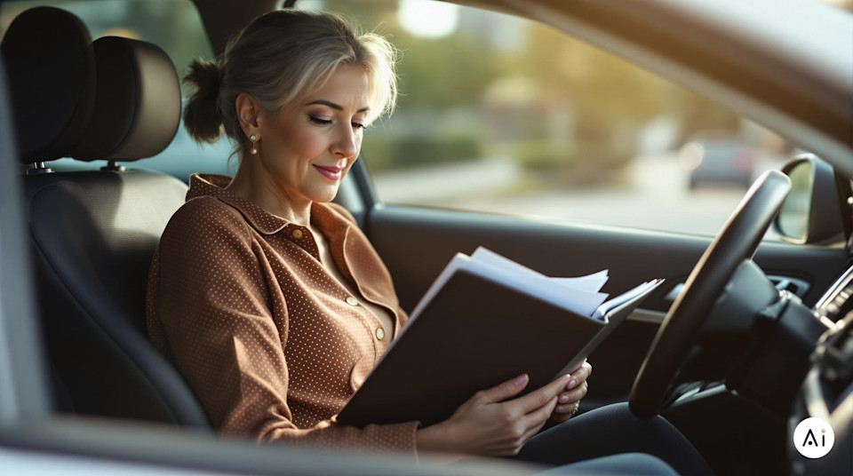 Frau studiert die Unterlagen für ihr Auto vor einer Auslandsreise