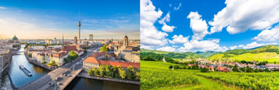 Fernarzt Magazin: Stadt, Land, Telemedizin. Titelbild mit Berlin als Großstadt und einem Dorf als ländliche Region.