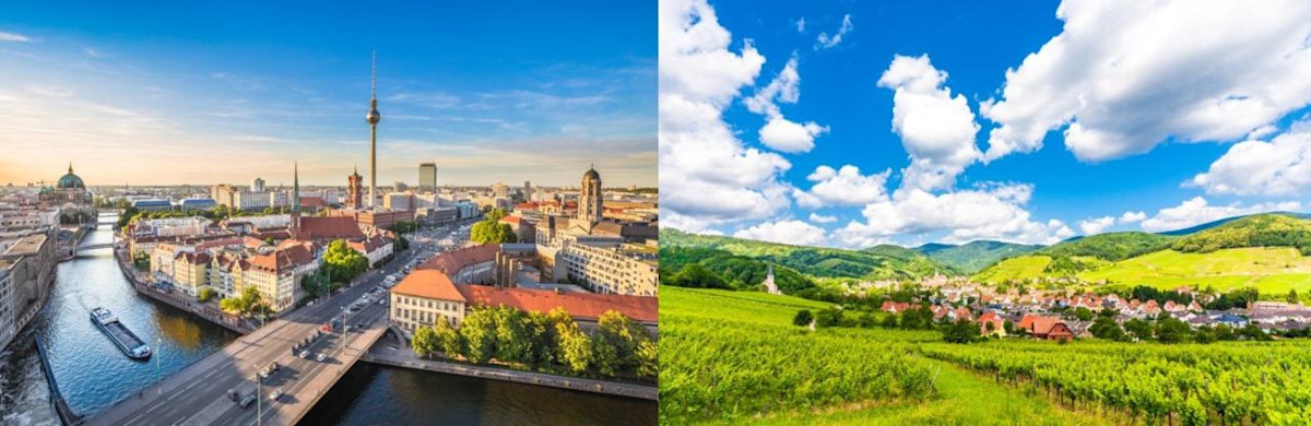 Fernarzt Magazin: Stadt, Land, Telemedizin. Titelbild mit Berlin als Großstadt und einem Dorf als ländliche Region.