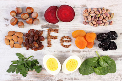 Die Buchstaben Fe (chemische Abkürzung für Eisen) umgeben von eisenhaltigen Lebensmitteln. 