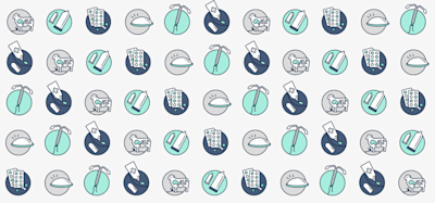 Die Geschichte der Verhütung: Header Bild mit Muster aus Icons für Kondome aus Schafsdärmen, Gummikondome, Antibabypille, Spirale, chemische Verhütung (Cremes und Zäpfchen)