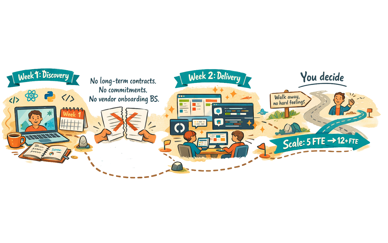 2-week pilot journey: Week 1 Discovery, Week 2 Delivery, then You Decide to Scale