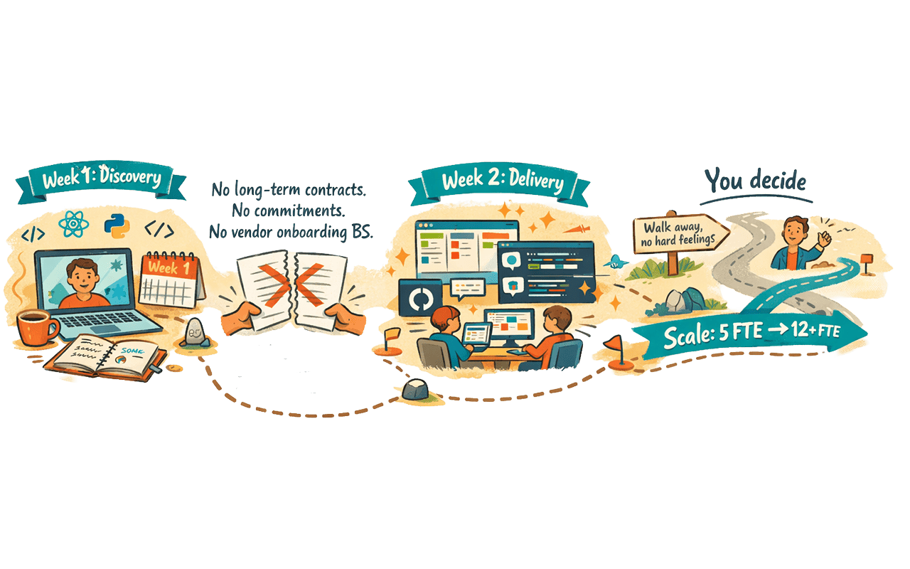 2-week pilot journey: Week 1 Discovery, Week 2 Delivery, then You Decide to Scale