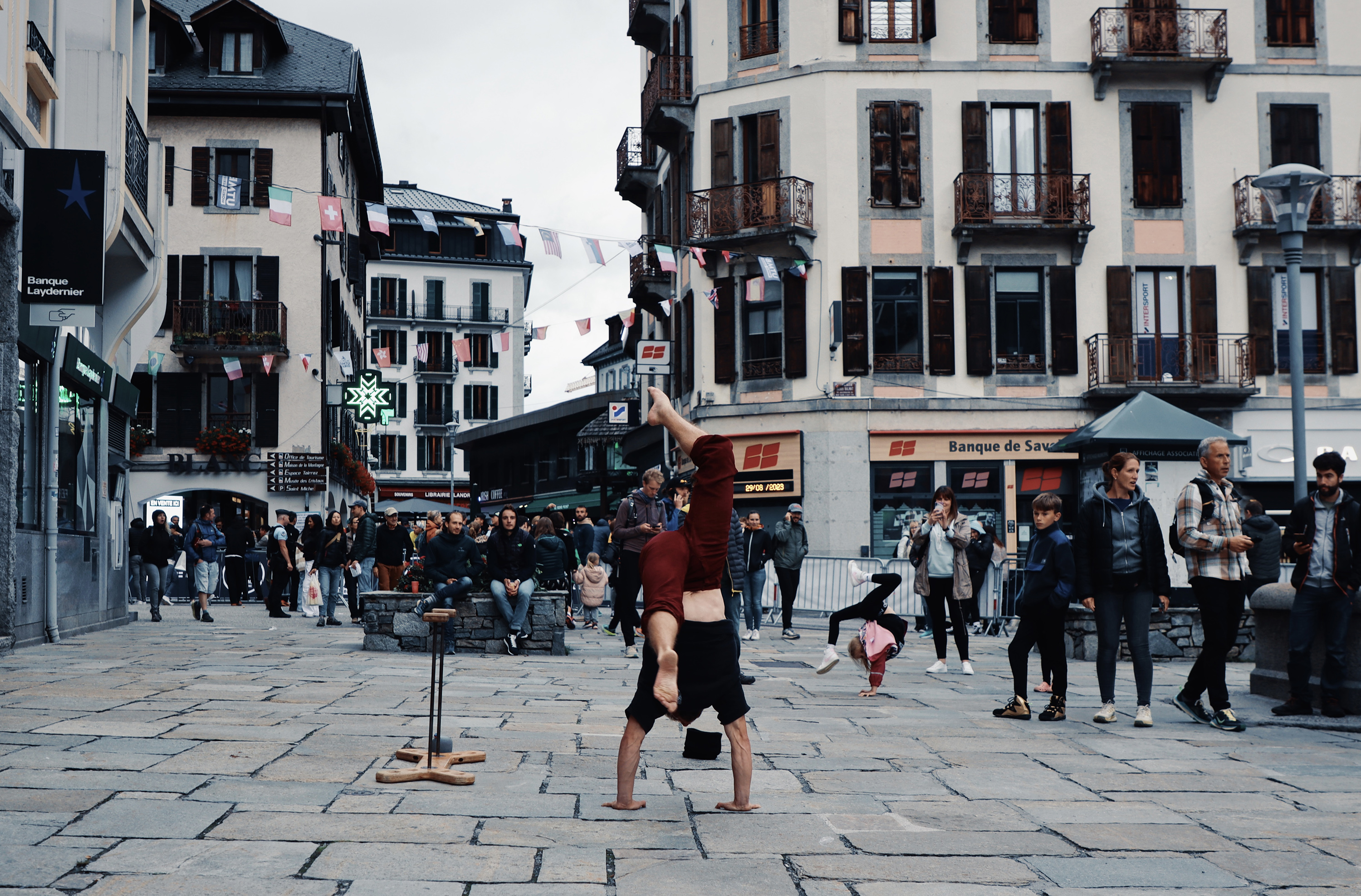 The streets of Chamonix are always bustling during UTMB week. Photograph: Richard Miller
