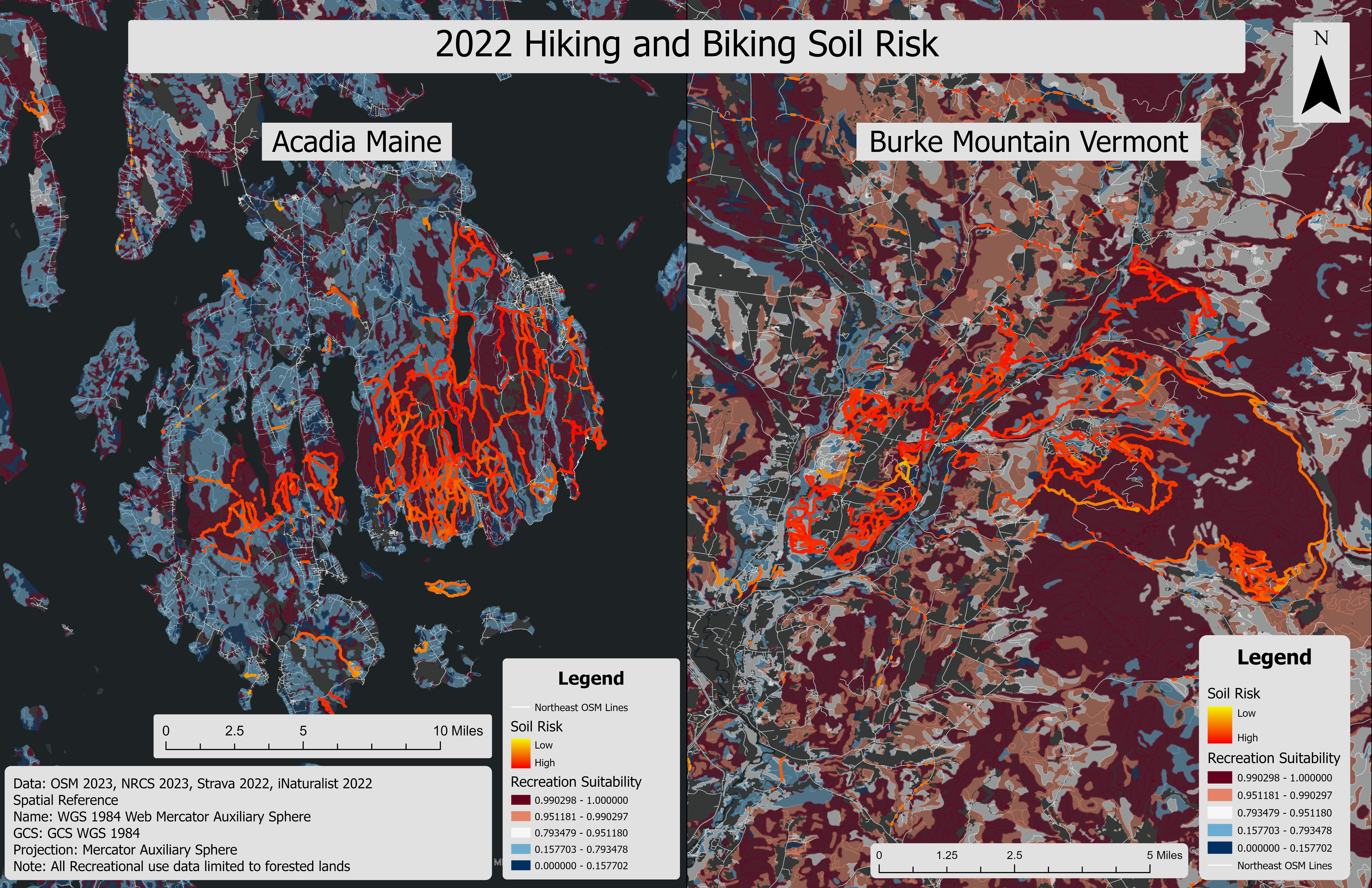 Risk to soils in Acadia and Burke Mountain, based on recreation use and soil suitability, as show in FEMC's geospatial dataset.