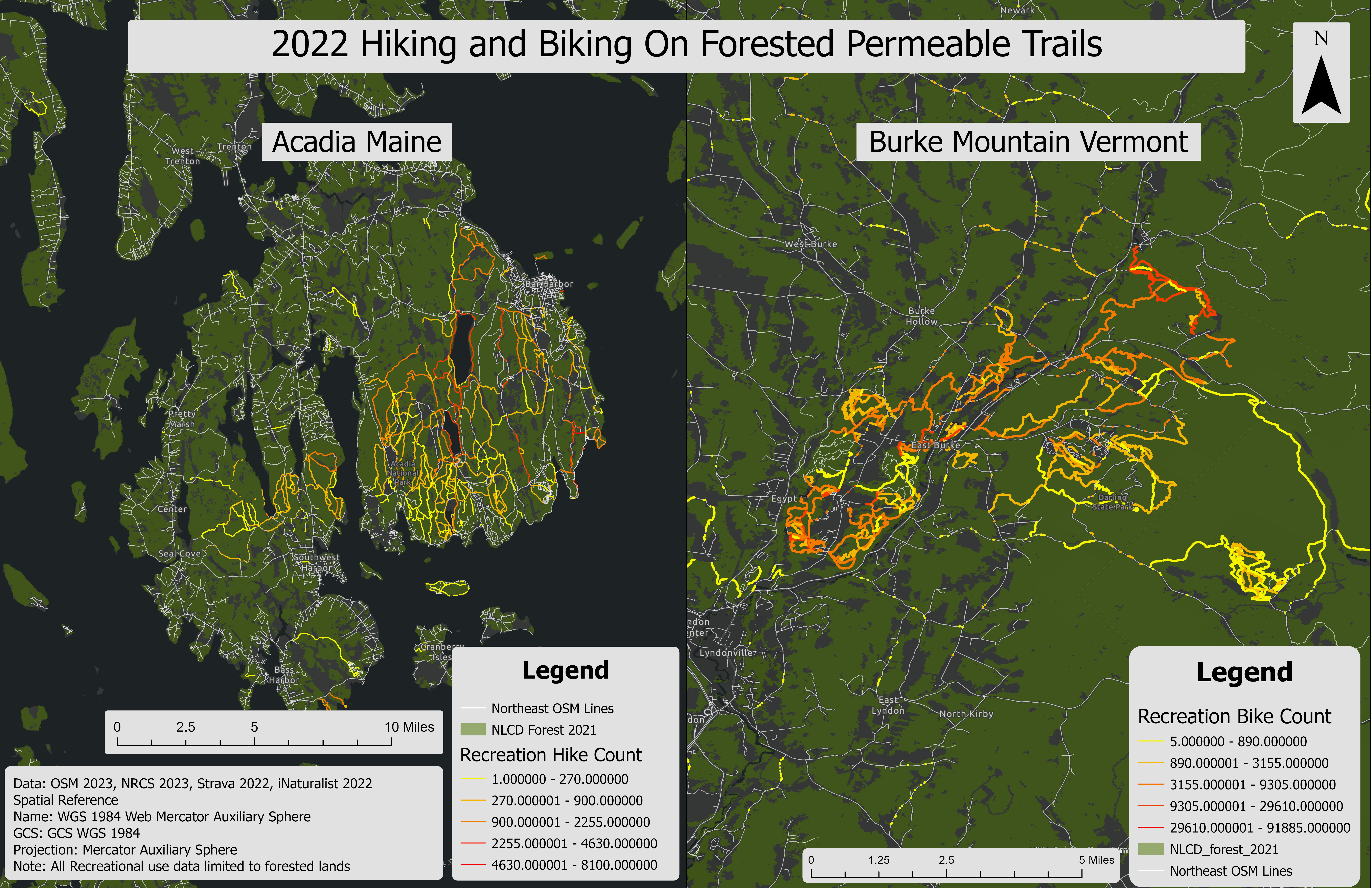 FEMC's portfolio of geospatial layers shows hotspots of hiking (e.g., in Acadia National Park, left) and biking use (e.g., at Burke Mountain in Vermont, right)