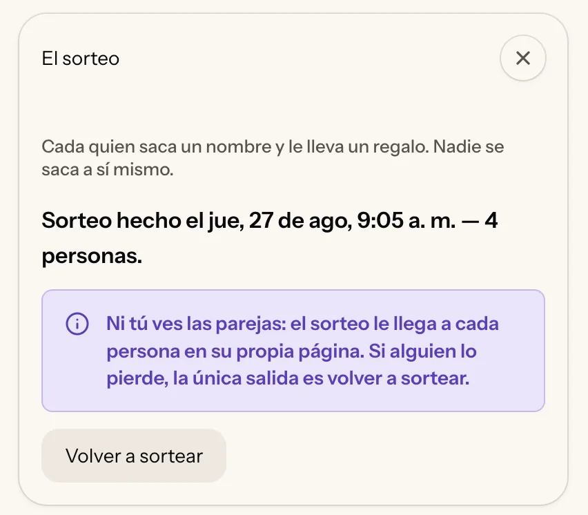 El panel del organizador: dice que el sorteo se hizo y cuántas personas entraron, y avisa que ni el organizador ve las parejas.