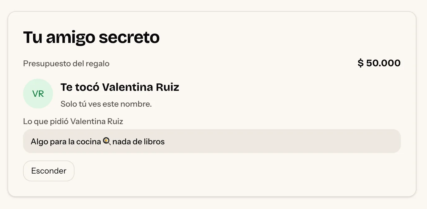 La tarjeta 'Tu amigo secreto' en la página del evento: el presupuesto, el nombre que le tocó a esa persona y lo que pidió.