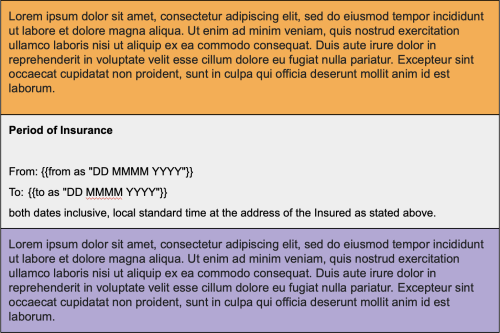 Period of Insurance document template with two variables