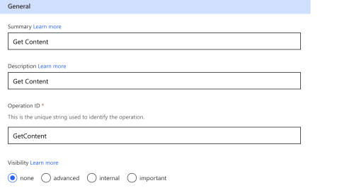 Adding summary, description, and operation ID to the General card