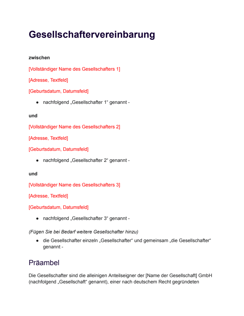 Kostenlose Gesellschaftervereinbarung-Vorlage für Docusign | Docusign