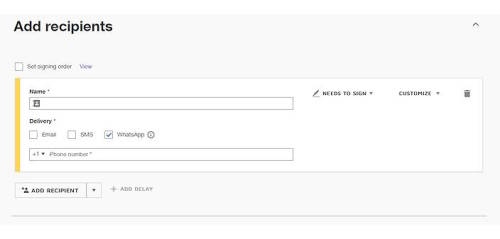 WhatsApp delivery is one of the checkbox delivery options in the DocuSign UI.