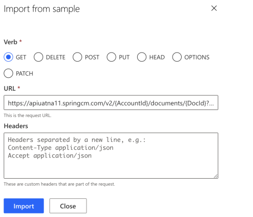 Create a request with Import from Sample